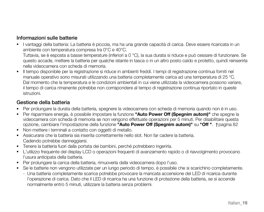 Samsung VP-MX20L/EDC, VP-MX20R/EDC, VP-MX20/EDC, VP-MX20/XEU Informazioni sulle batterie, Gestione della batteria, Italian19 