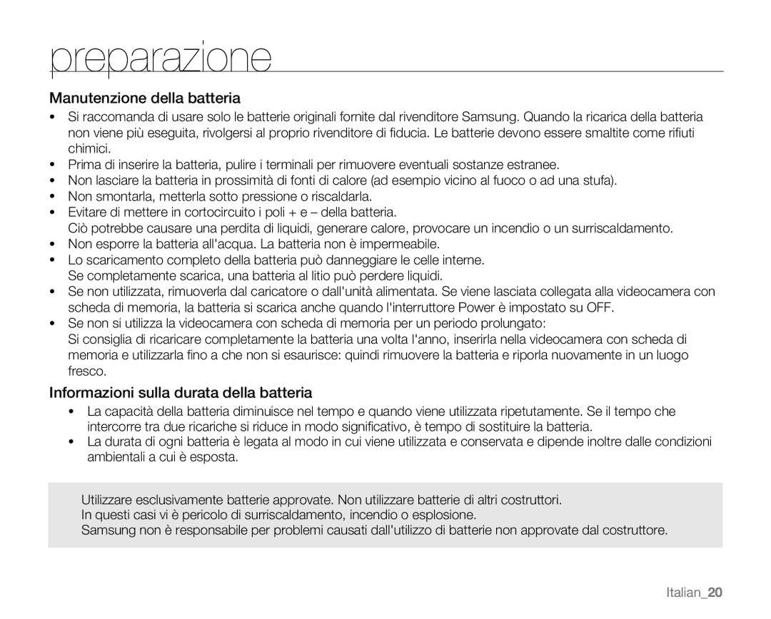 Samsung VP-MX20H/EDC, VP-MX20R/EDC manual Manutenzione della batteria, Informazioni sulla durata della batteria, Italian20 