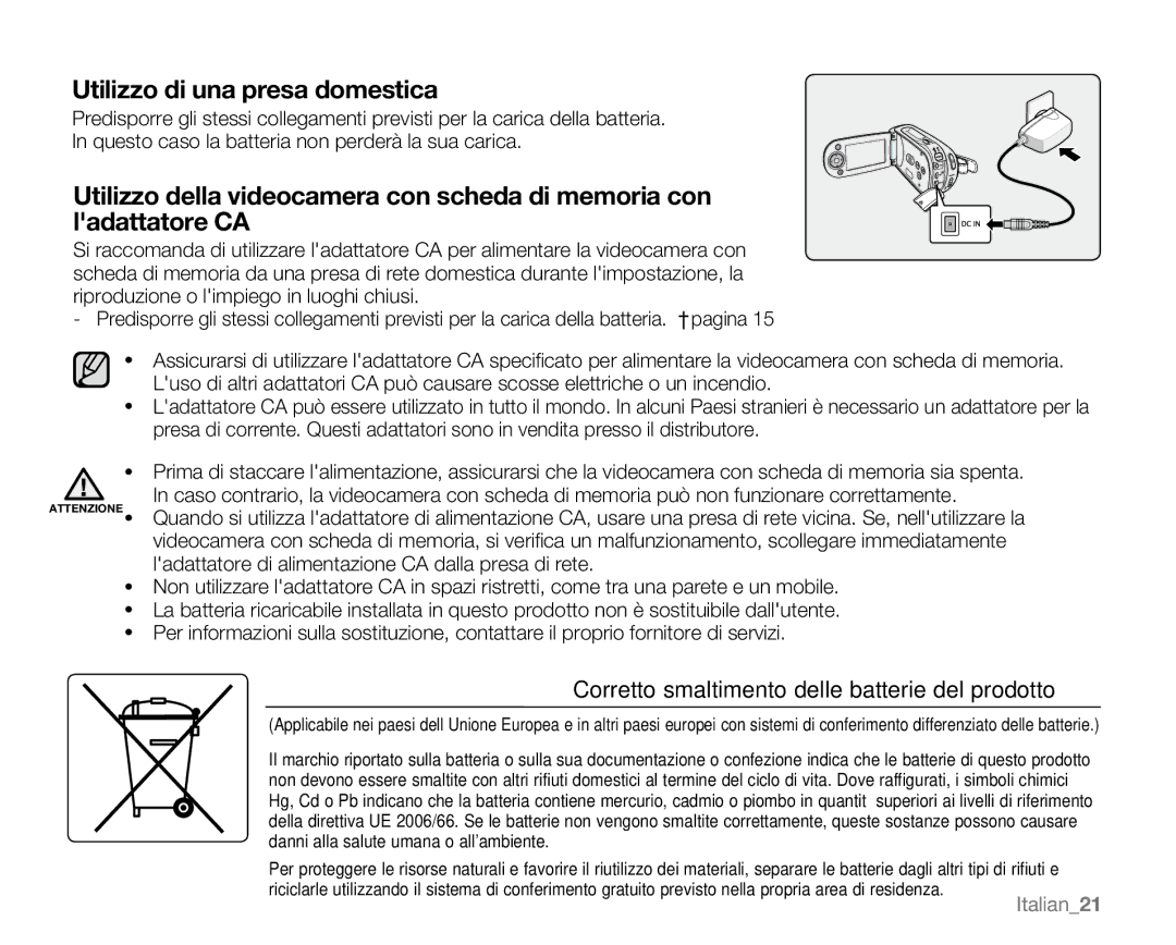 Samsung VP-MX20/XEU, VP-MX20R/EDC, VP-MX20/EDC, VP-MX20C/EDC, VP-MX20CH/EDC manual Utilizzo di una presa domestica, Italian21 