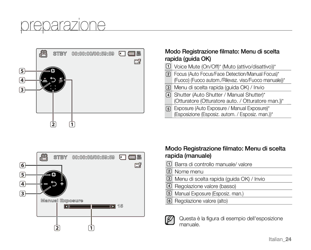 Samsung VP-MX20C/EDC Modo Registrazione ﬁlmato Menu di scelta rapida guida OK, Voice Mute On/Off* Muto attivo/disattivo 