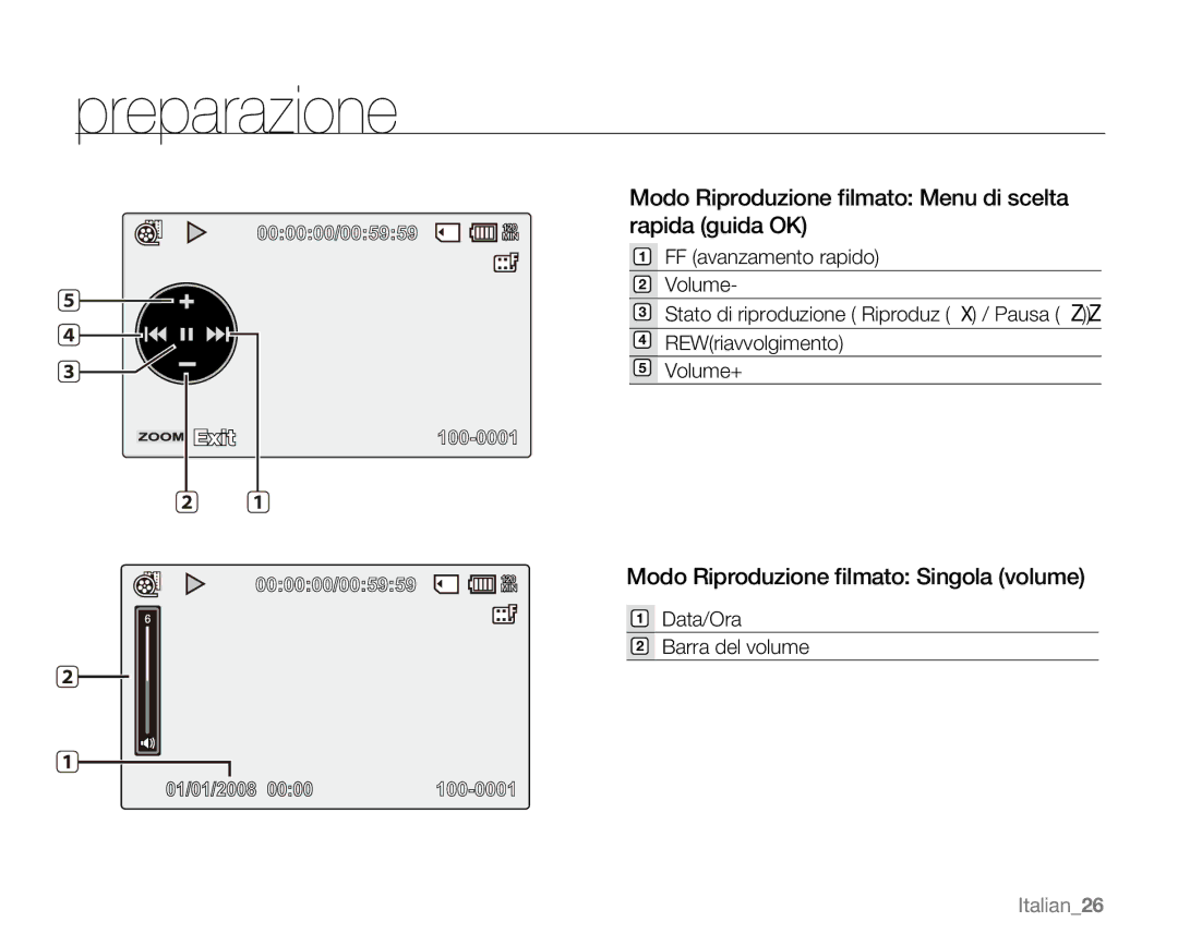 Samsung VP-MX20L/EDC Modo Riproduzione ﬁlmato Menu di scelta rapida guida OK, Modo Riproduzione ﬁlmato Singola volume 