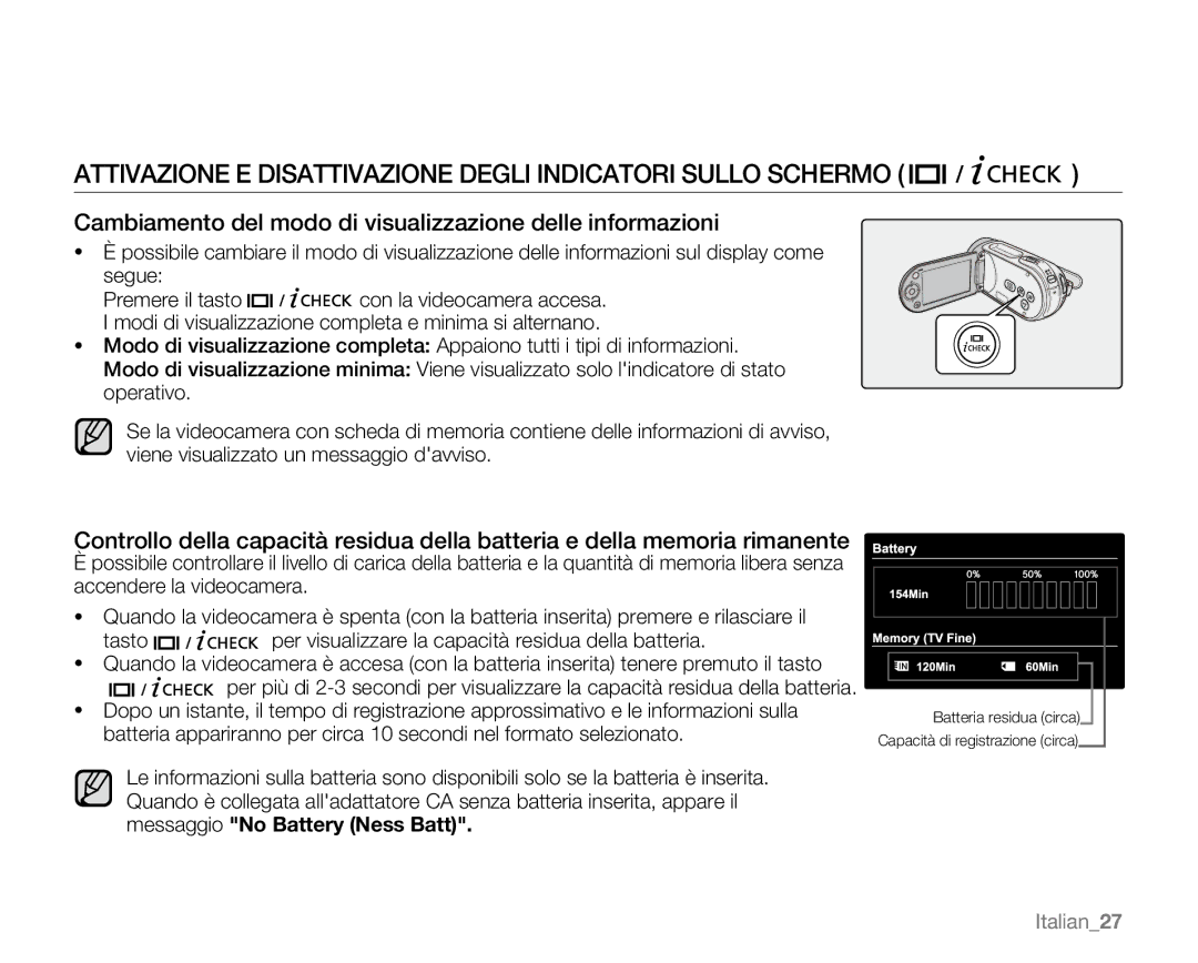 Samsung VP-MX20H/EDC, VP-MX20R/EDC, VP-MX20/EDC manual Attivazione E Disattivazione Degli Indicatori Sullo Schermo, Italian27 