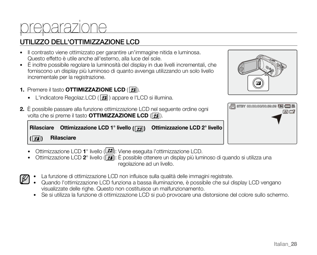 Samsung VP-MX20/XEU, VP-MX20R/EDC, VP-MX20/EDC, VP-MX20C/EDC, VP-MX20CH/EDC manual Utilizzo Dellottimizzazione LCD, Italian28 