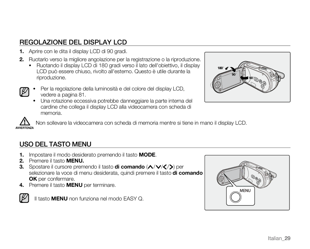 Samsung VP-MX20R/EDC, VP-MX20/EDC, VP-MX20C/EDC, VP-MX20CH/EDC Regolazione DEL Display LCD, USO DEL Tasto Menu, Italian29 