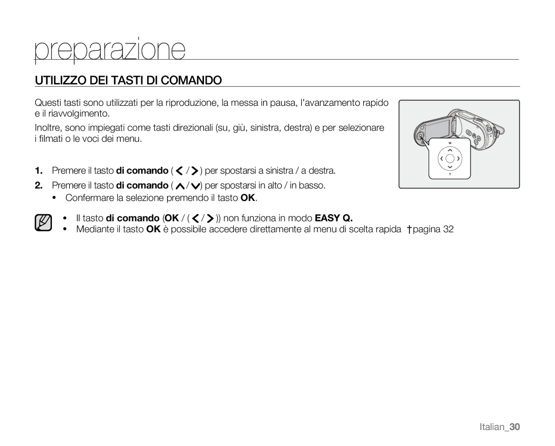 Samsung VP-MX20/EDC, VP-MX20R/EDC, VP-MX20C/EDC, VP-MX20CH/EDC, VP-MX20L/EDC manual Utilizzo DEI Tasti DI Comando, Italian30 