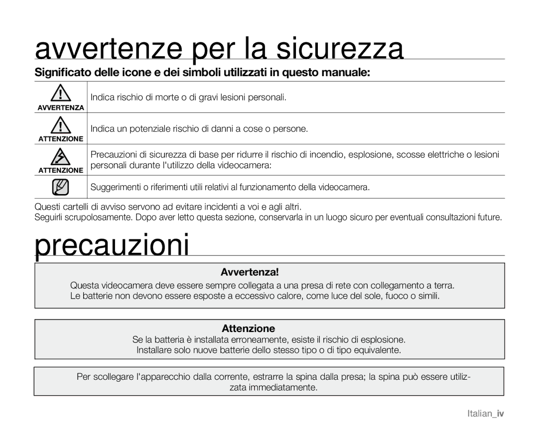 Samsung VP-MX20L/EDC manual Avvertenze per la sicurezza, Precauzioni, Indica rischio di morte o di gravi lesioni personali 