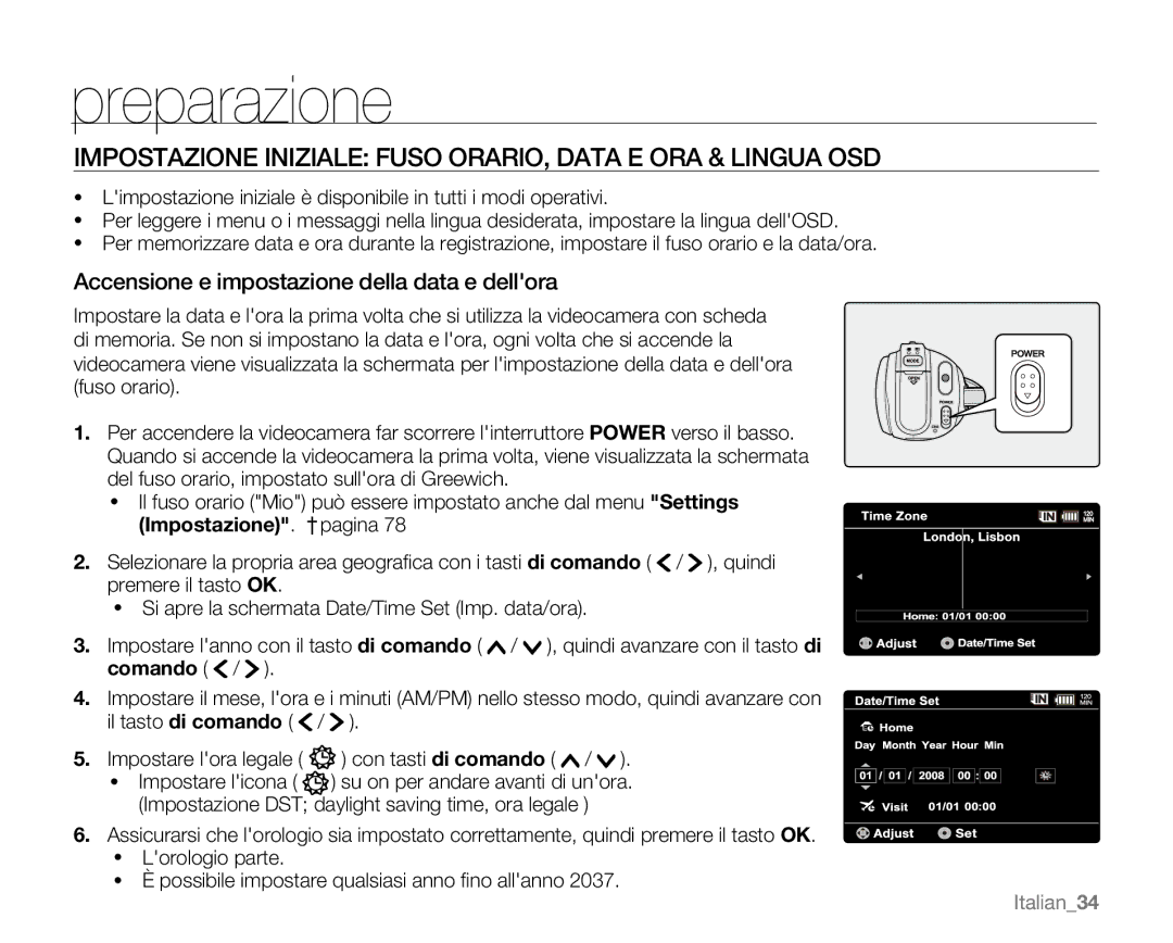 Samsung VP-MX20H/EDC, VP-MX20R/EDC, VP-MX20/EDC manual Impostazione Iniziale Fuso ORARIO, Data E ORA & Lingua OSD, Italian34 