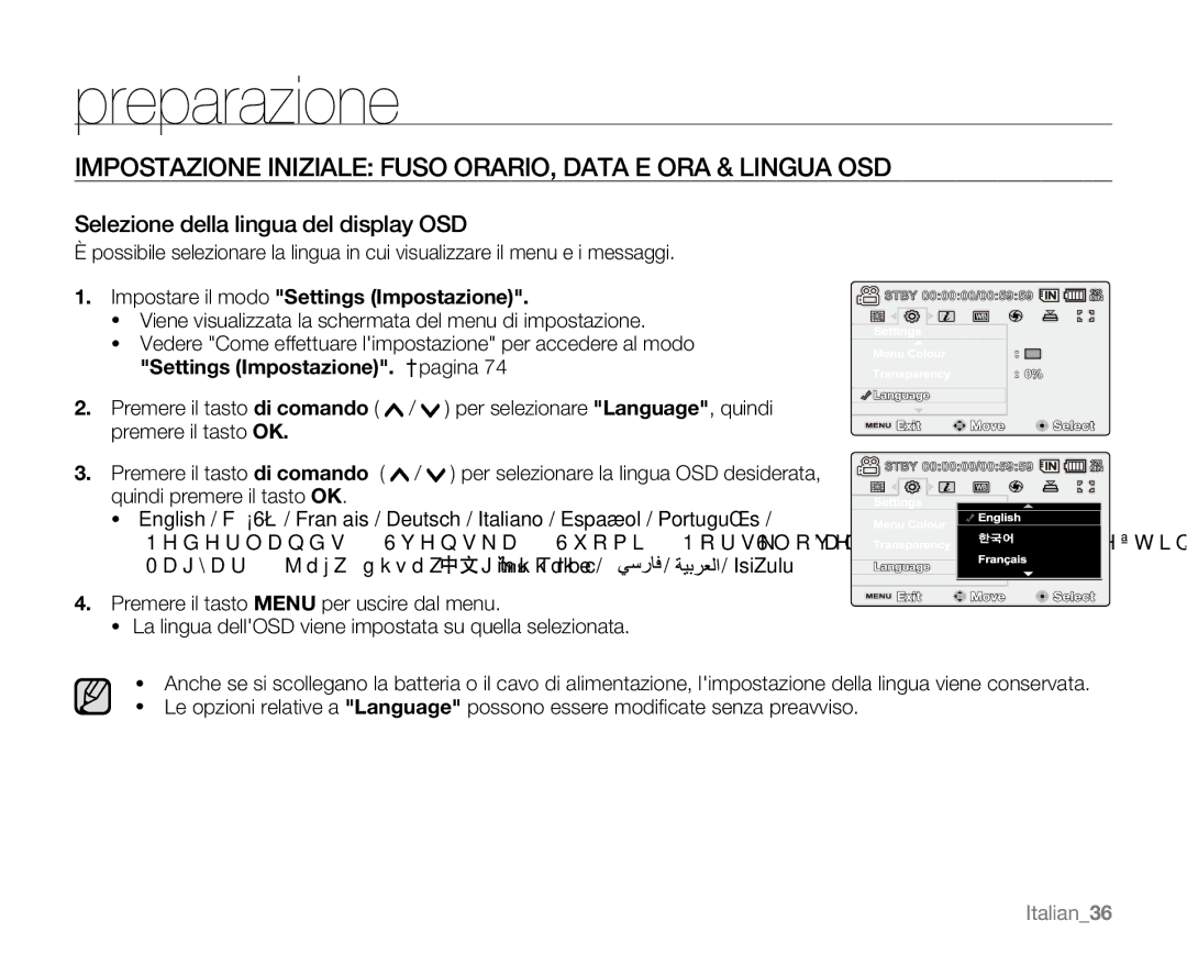 Samsung VP-MX20R/EDC manual Selezione della lingua del display OSD, Impostare il modo Settings Impostazione, Italian36 