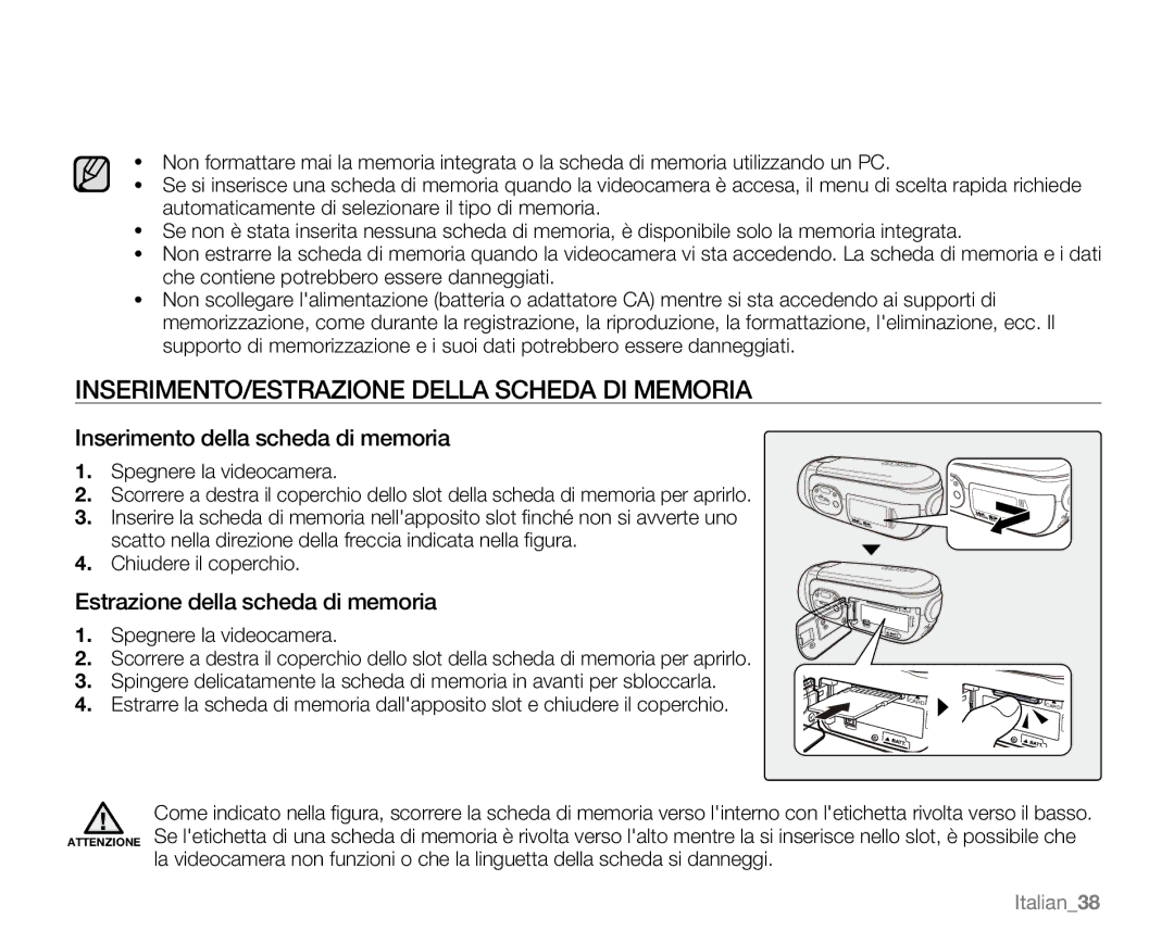 Samsung VP-MX20C/EDC manual INSERIMENTO/ESTRAZIONE Della Scheda DI Memoria, Inserimento della scheda di memoria, Italian38 