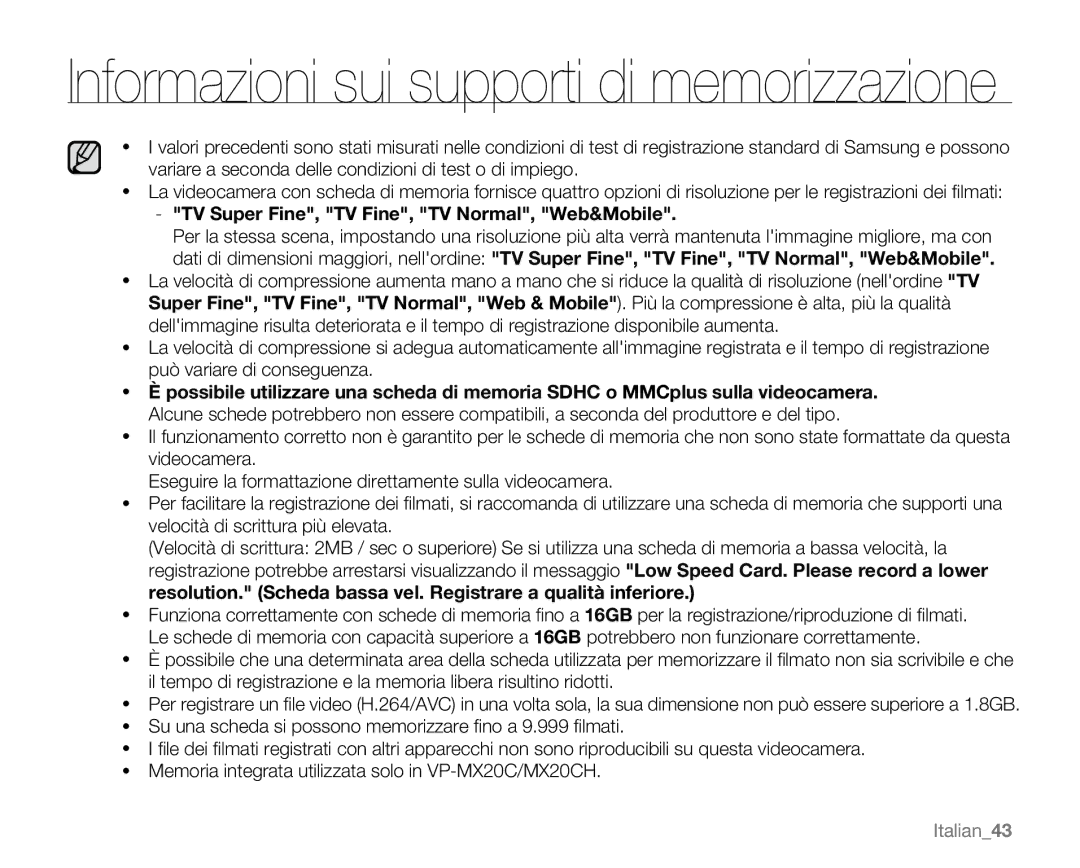 Samsung VP-MX20R/EDC, VP-MX20/EDC, VP-MX20C/EDC, VP-MX20CH/EDC manual TV Super Fine, TV Fine, TV Normal, Web&Mobile, Italian43 