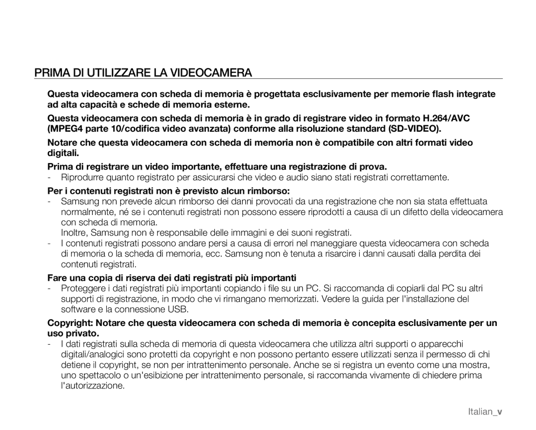 Samsung VP-MX20H/EDC manual Prima DI Utilizzare LA Videocamera, Per i contenuti registrati non è previsto alcun rimborso 