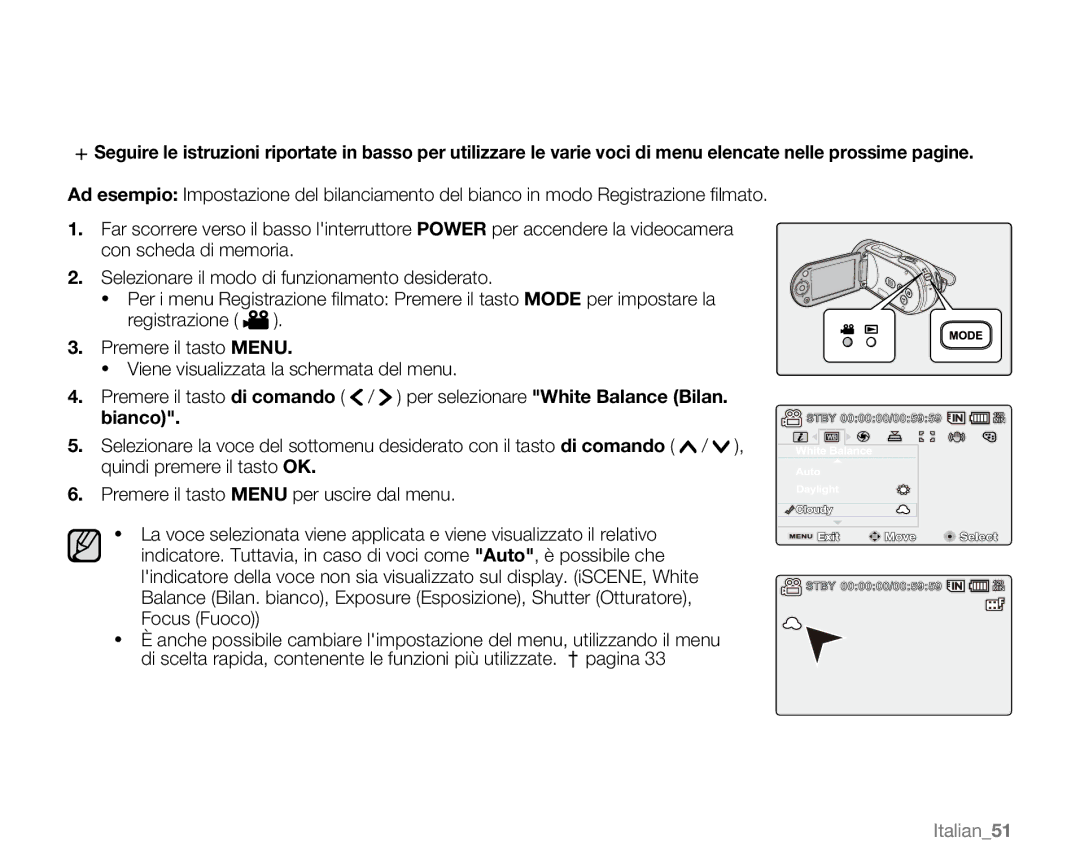 Samsung VP-MX20/EDC, VP-MX20R/EDC, VP-MX20C/EDC, VP-MX20CH/EDC, VP-MX20L/EDC, VP-MX20H/EDC, VP-MX20/XEU manual Bianco, Italian51 