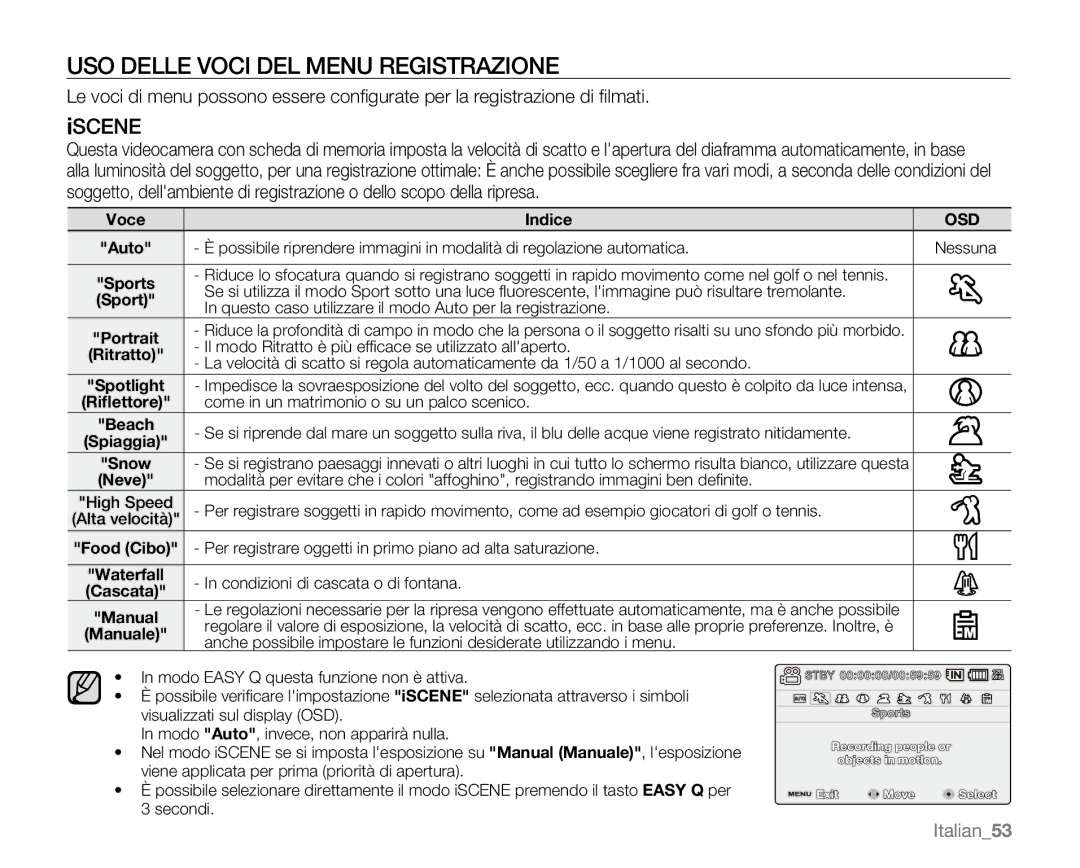 Samsung VP-MX20CH/EDC, VP-MX20R/EDC, VP-MX20/EDC, VP-MX20C/EDC manual USO Delle Voci DEL Menu Registrazione, Iscene, Italian53 