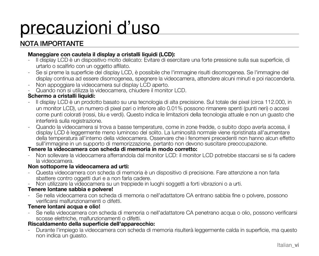 Samsung VP-MX20/XEU, VP-MX20R/EDC, VP-MX20/EDC, VP-MX20C/EDC, VP-MX20CH/EDC, VP-MX20L/EDC Precauzioni duso, Nota Importante 