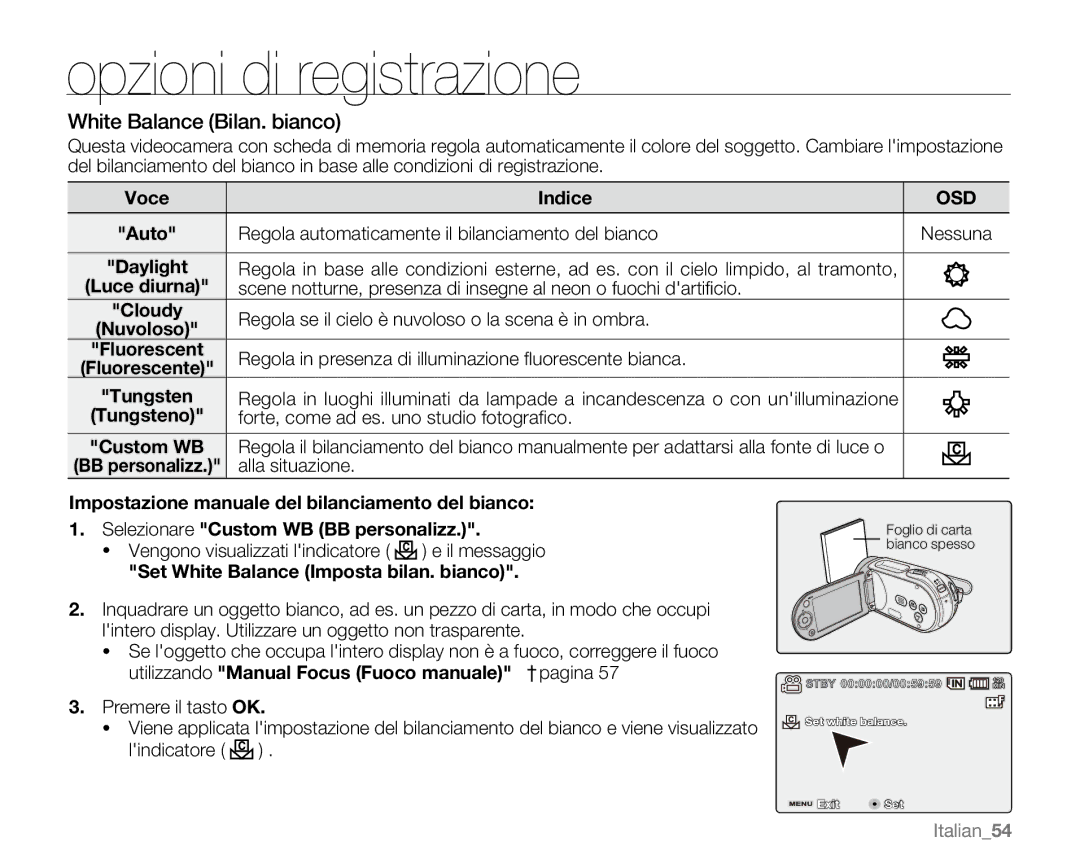 Samsung VP-MX20L/EDC manual White Balance Bilan. bianco, Voce Indice, Set White Balance Imposta bilan. bianco, Italian54 