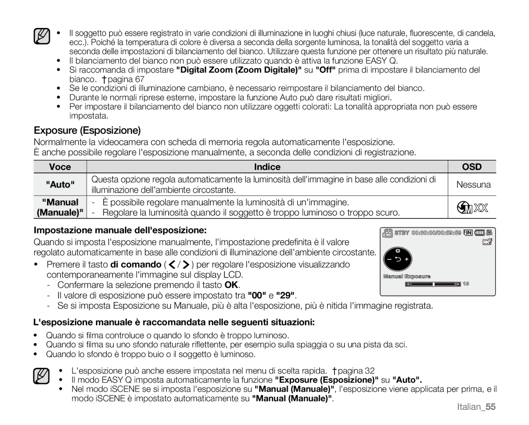 Samsung VP-MX20H/EDC, VP-MX20R/EDC, VP-MX20/EDC Exposure Esposizione, Impostazione manuale dellesposizione, Italian55 