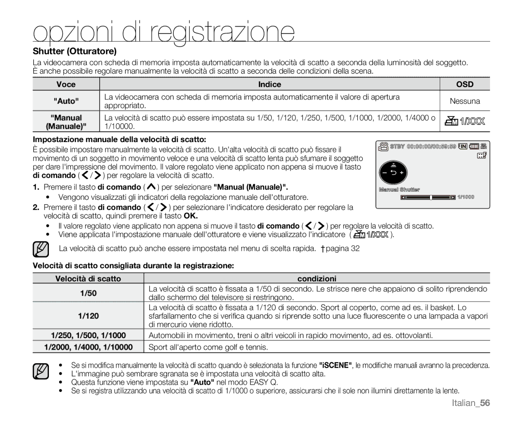 Samsung VP-MX20/XEU, VP-MX20R/EDC, VP-MX20/EDC, VP-MX20C/EDC, VP-MX20CH/EDC, VP-MX20L/EDC manual Shutter Otturatore, Italian56 