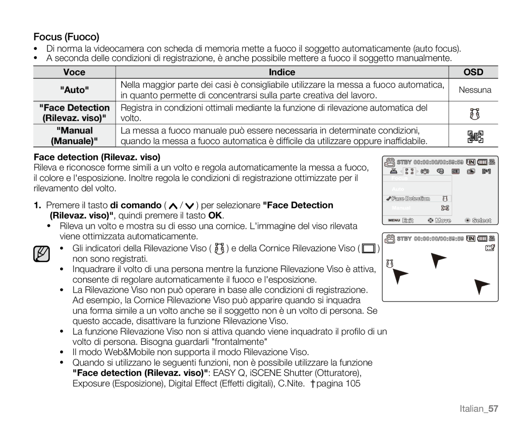 Samsung VP-MX20R/EDC manual Focus Fuoco, Volto, Face detection Rilevaz. viso, Rilevaz. viso, quindi premere il tasto OK 