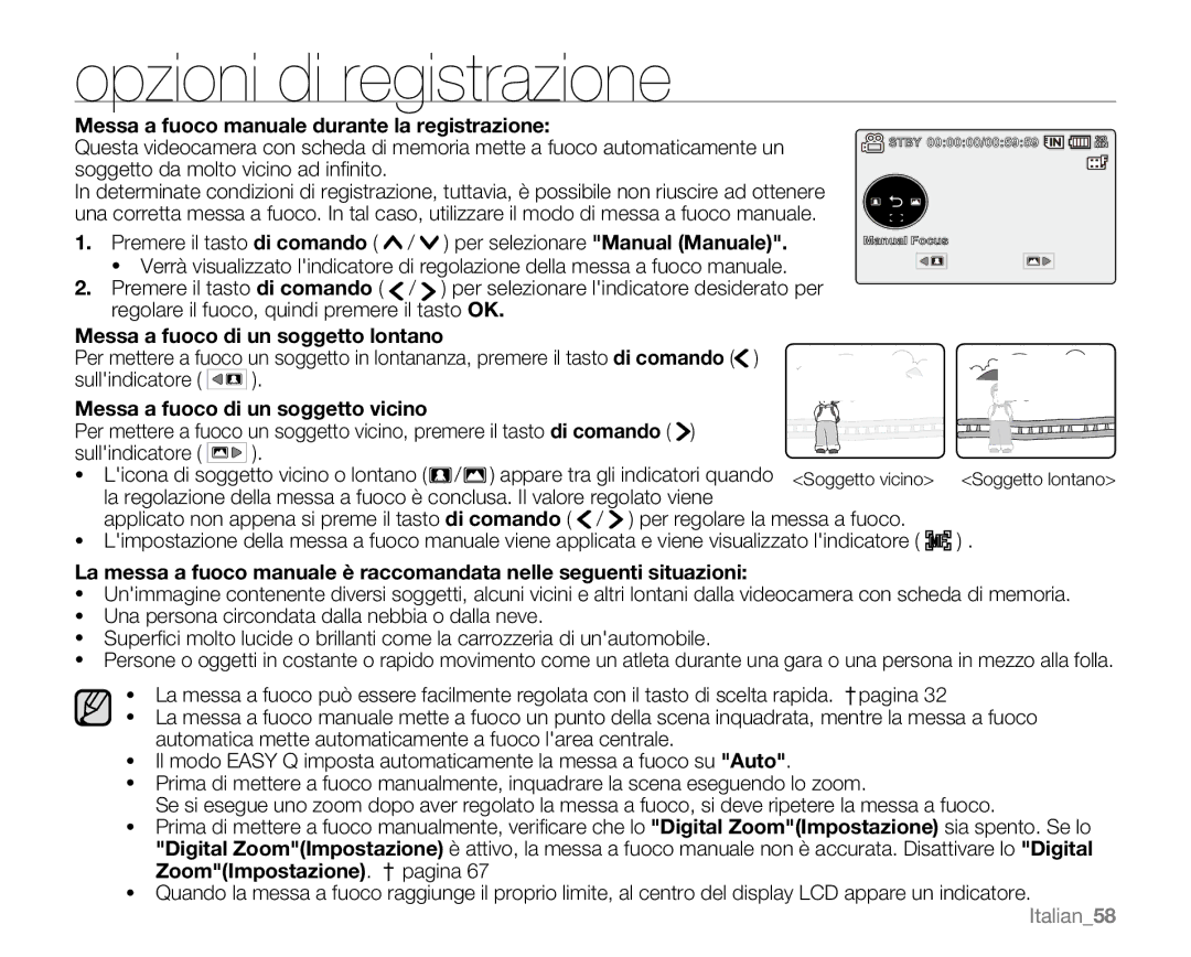 Samsung VP-MX20/EDC Messa a fuoco manuale durante la registrazione, Messa a fuoco di un soggetto lontano, Italian58 