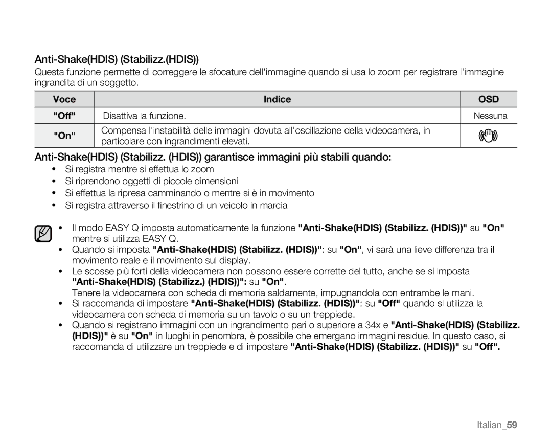 Samsung VP-MX20C/EDC, VP-MX20R/EDC, VP-MX20/EDC manual Anti-ShakeHDIS Stabilizz.HDIS, Off Disattiva la funzione, Italian59 