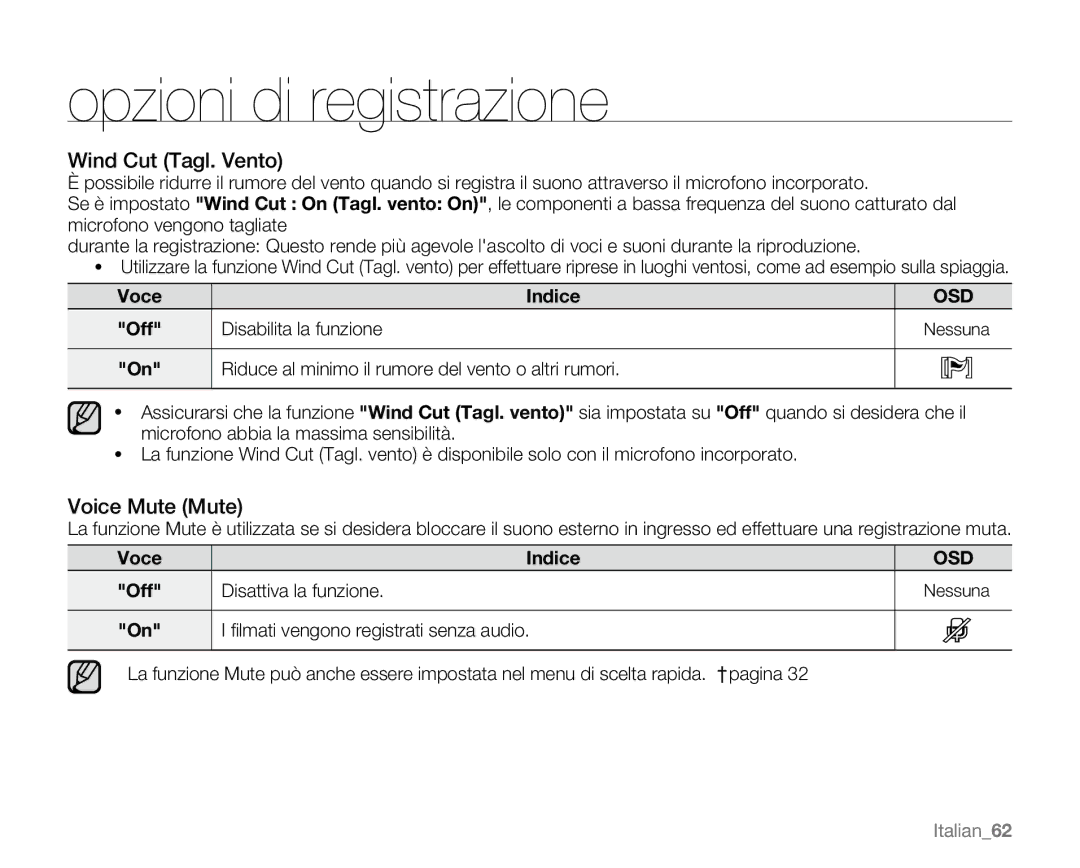 Samsung VP-MX20H/EDC, VP-MX20/EDC Wind Cut Tagl. Vento, Voice Mute Mute, Voce Indice Off Disabilita la funzione, Italian62 