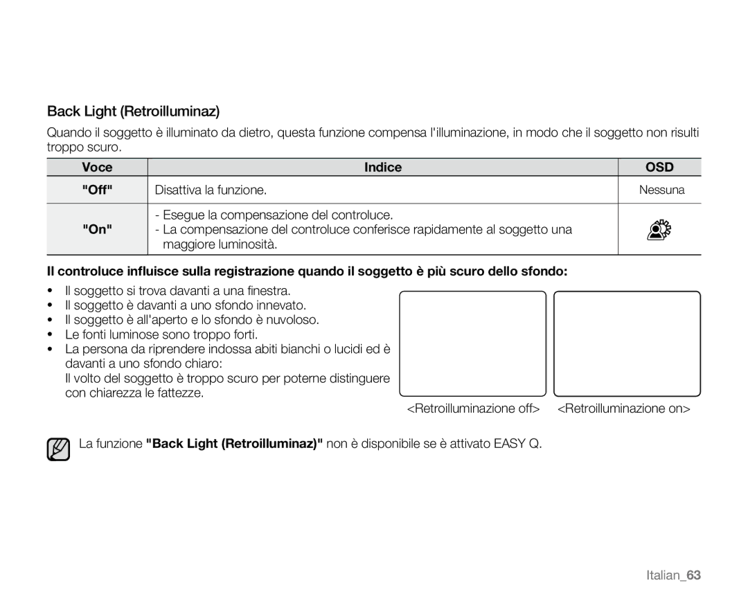 Samsung VP-MX20/XEU, VP-MX20R/EDC, VP-MX20/EDC, VP-MX20C/EDC, VP-MX20CH/EDC, VP-MX20L/EDC Back Light Retroilluminaz, Italian63 