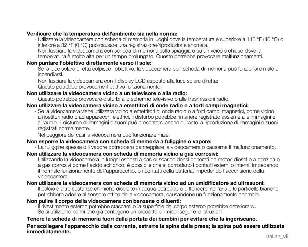 Samsung VP-MX20R/EDC, VP-MX20/EDC, VP-MX20C/EDC manual Veriﬁcare che la temperatura dellambiente sia nella norma, Italianvii 