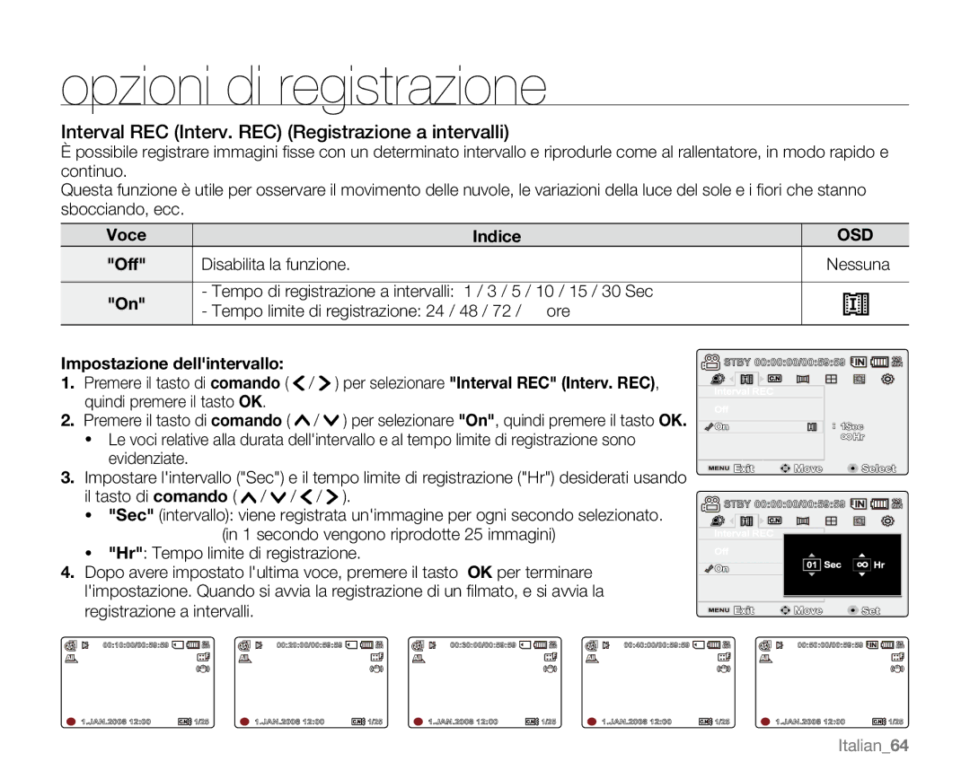 Samsung VP-MX20R/EDC manual Interval REC Interv. REC Registrazione a intervalli, Impostazione dellintervallo, Italian64 