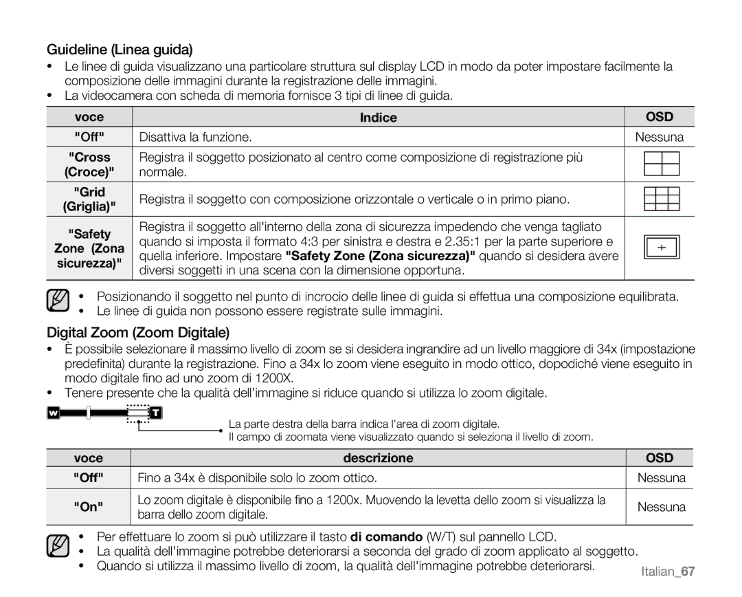 Samsung VP-MX20CH/EDC manual Guideline Linea guida, Digital Zoom Zoom Digitale, Voce Descrizione, Barra dello zoom digitale 