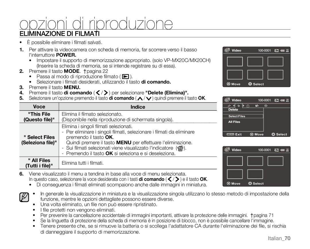 Samsung VP-MX20/XEU, VP-MX20R/EDC, VP-MX20/EDC, VP-MX20C/EDC, VP-MX20CH/EDC, VP-MX20L/EDC Eliminazione DI Filmati, Italian70 