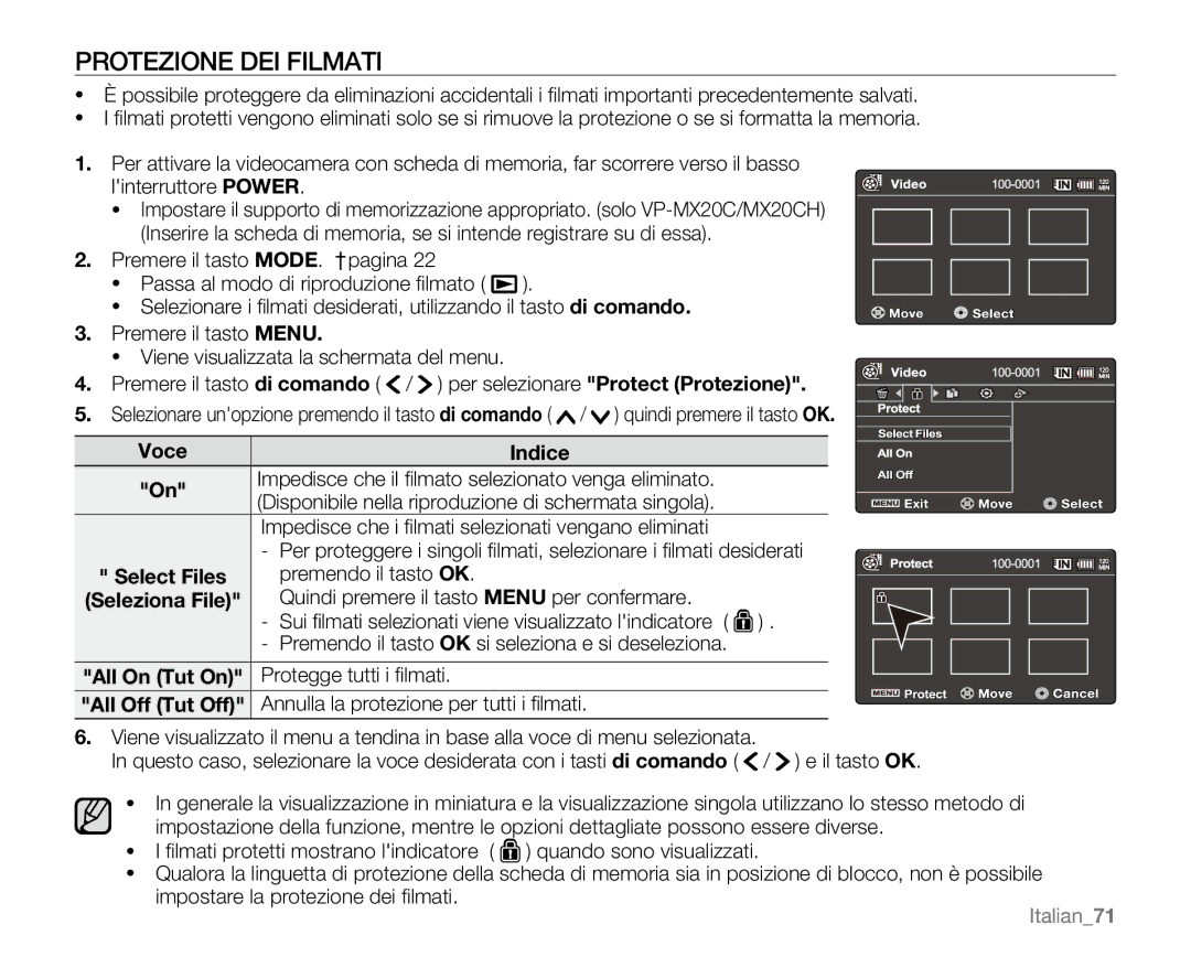 Samsung VP-MX20R/EDC, VP-MX20/EDC, VP-MX20C/EDC, VP-MX20CH/EDC, VP-MX20L/EDC, VP-MX20H/EDC Protezione DEI Filmati, Italian71 