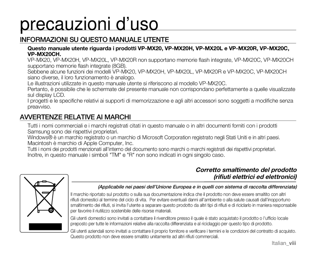 Samsung VP-MX20/EDC, VP-MX20R/EDC manual Informazioni SU Questo Manuale Utente, Avvertenze Relative AI Marchi, Italianviii 