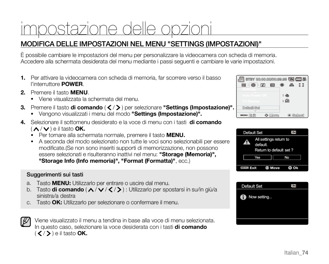 Samsung VP-MX20CH/EDC Impostazione delle opzioni, Modifica Delle Impostazioni NEL Menu Settings Impostazioni, Italian74 