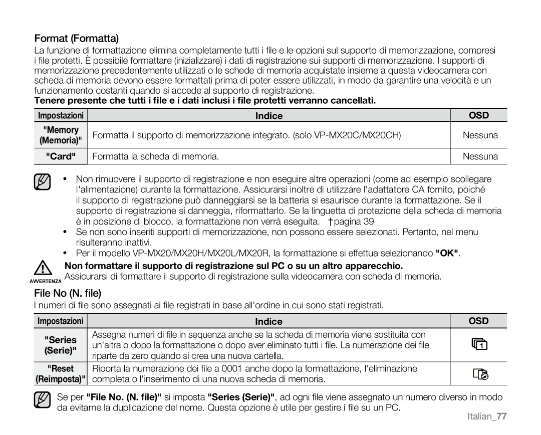 Samsung VP-MX20/XEU manual Format Formatta, File No N. ﬁle, Card Indice, Riparte da zero quando si crea una nuova cartella 