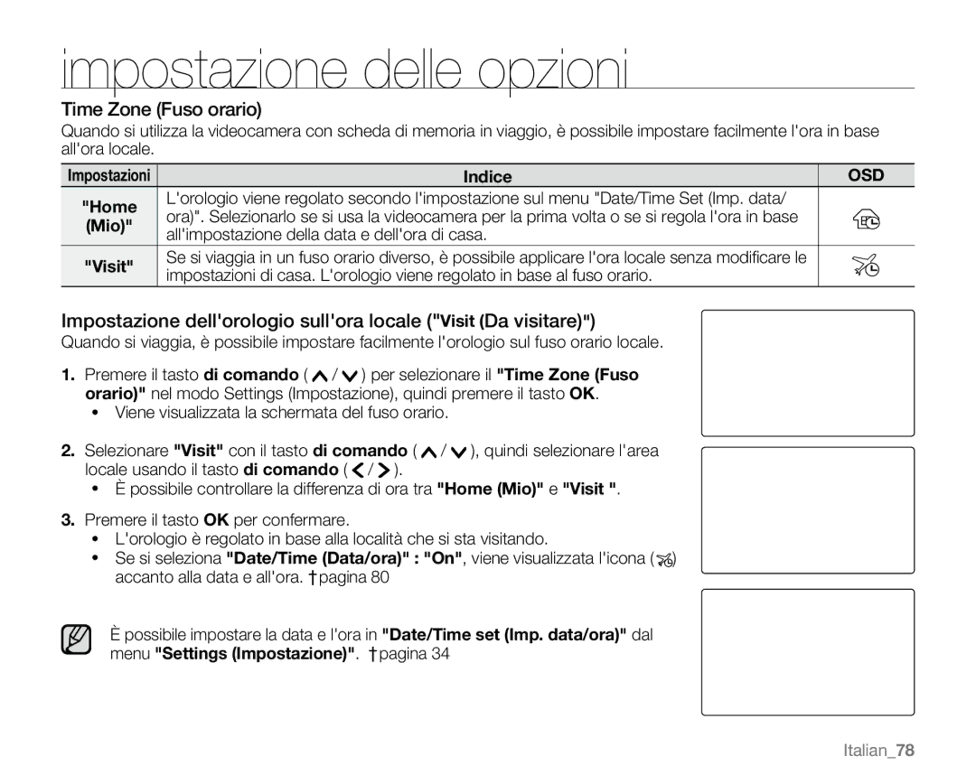 Samsung VP-MX20R/EDC Time Zone Fuso orario, Impostazione dellorologio sullora locale Visit Da visitare, Mio, Italian78 