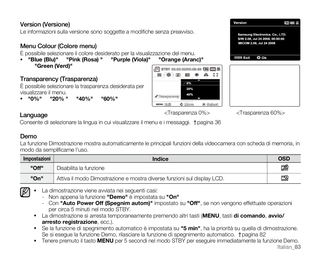 Samsung VP-MX20H/EDC, VP-MX20R/EDC Version Versione, Menu Colour Colore menu, Transparency Trasparenza, Language, Demo 
