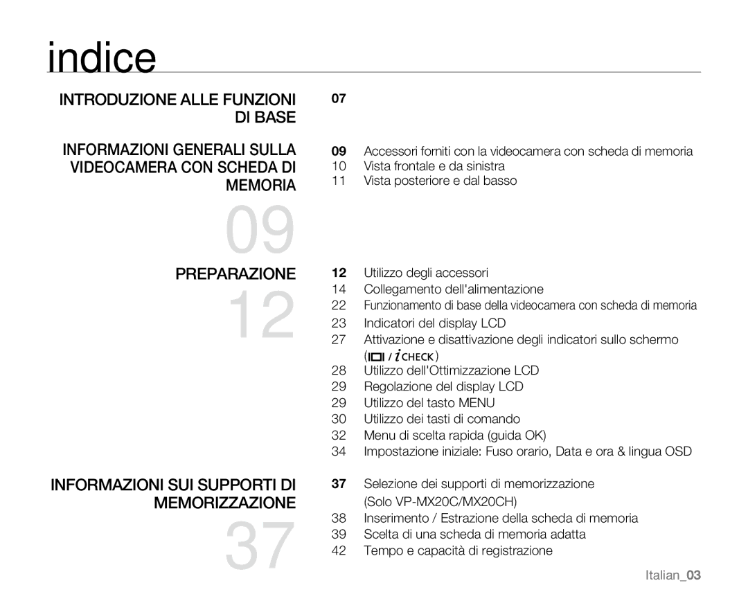 Samsung VP-MX20C/EDC, VP-MX20R/EDC, VP-MX20/EDC, VP-MX20L/EDC Indice, Informazioni SUI Supporti DI Memorizzazione, Italian03 