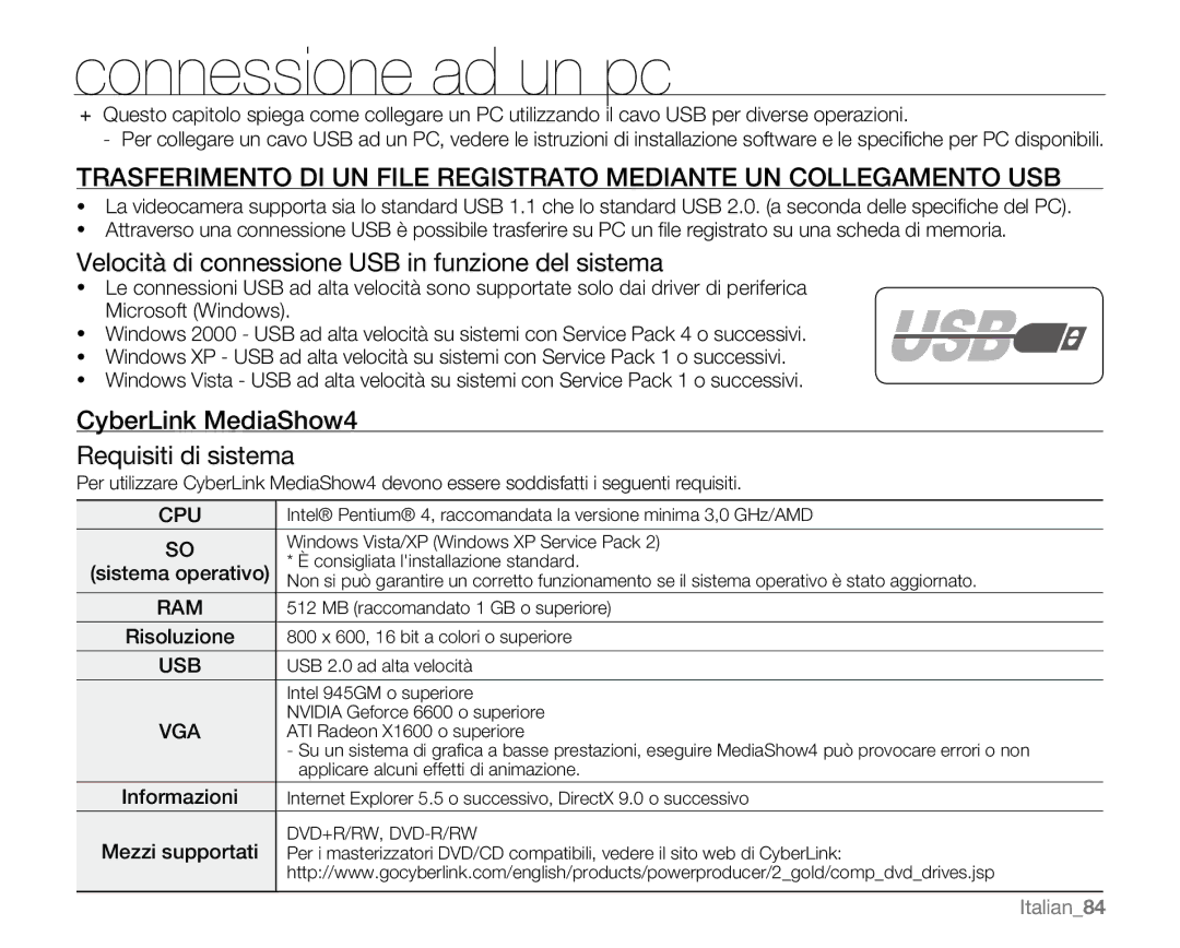 Samsung VP-MX20/XEU, VP-MX20R/EDC Connessione ad un pc, Velocità di connessione USB in funzione del sistema, Italian84 