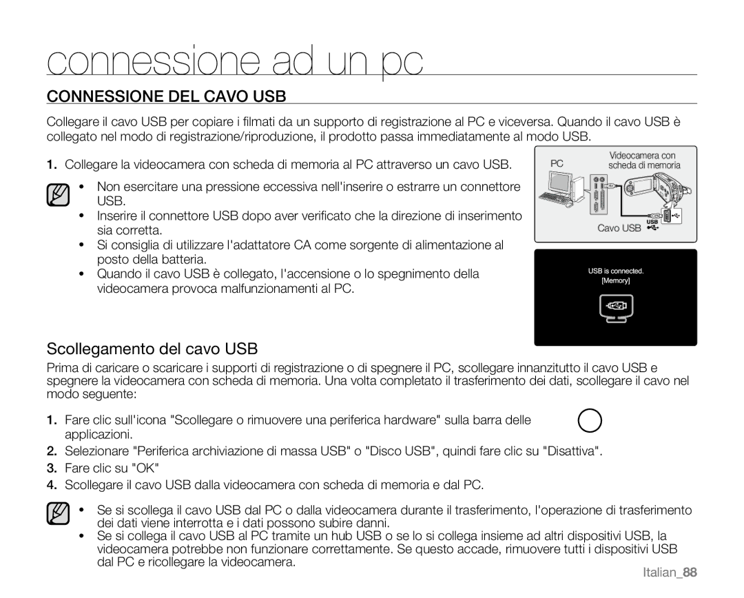 Samsung VP-MX20CH/EDC, VP-MX20R/EDC, VP-MX20/EDC manual Connessione DEL Cavo USB, Scollegamento del cavo USB, Italian88 