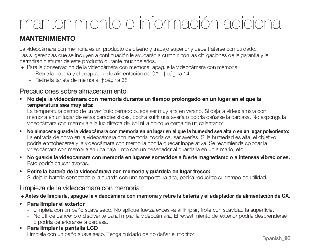 Samsung VP-MX20L/EDC Precauciones sobre almacenamiento, Limpieza de la videocámara con memoria, Para limpiar el exterior 