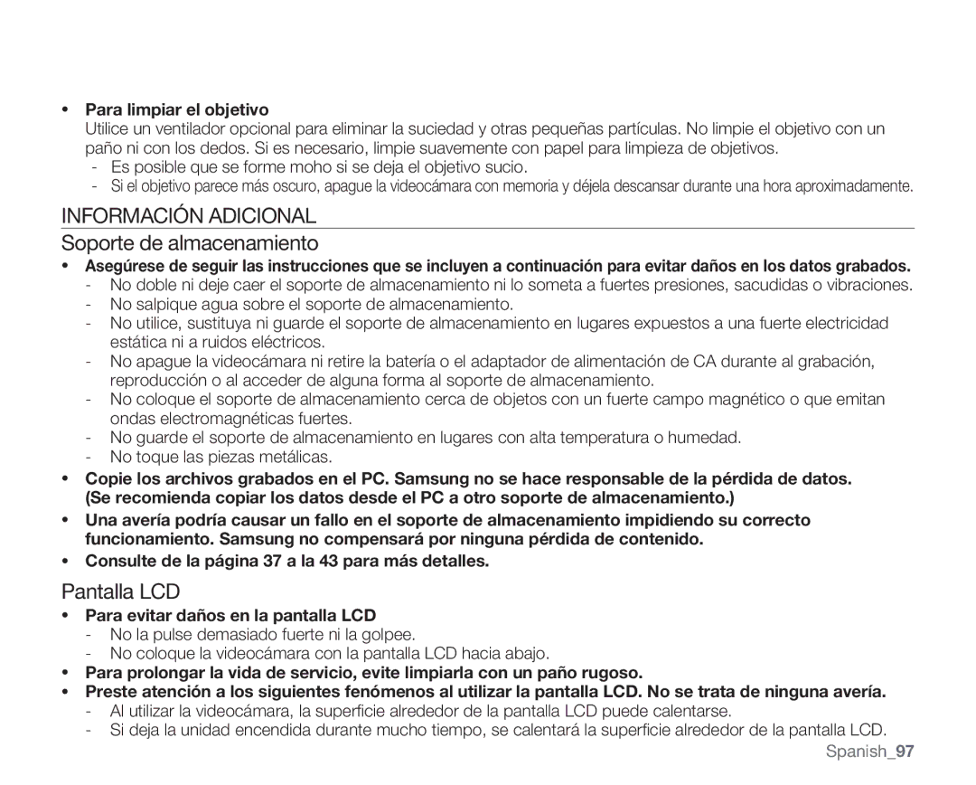 Samsung VP-MX20H/EDC, VP-MX20R/EDC, VP-MX20/EDC, VP-MX20C/EDC Información Adicional, Soporte de almacenamiento, Pantalla LCD 