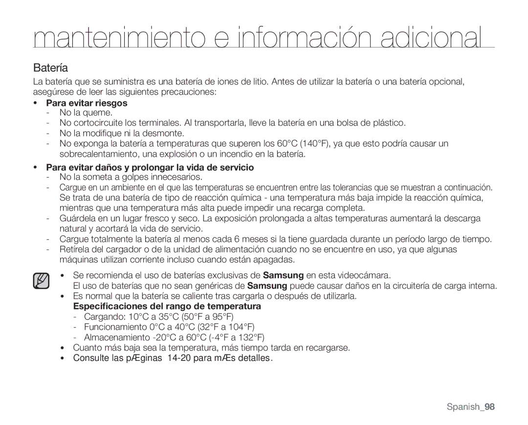 Samsung VP-MX20R/CAN, VP-MX20R/EDC manual Batería, Para evitar riesgos, Para evitar daños y prolongar la vida de servicio 