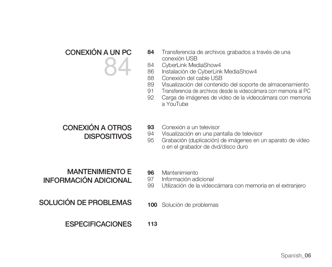 Samsung VP-MX20H/EDC, VP-MX20R/EDC, VP-MX20/EDC, VP-MX20C/EDC, VP-MX20CH/EDC, VP-MX20L/EDC Conexión a UN PC, Especificaciones 