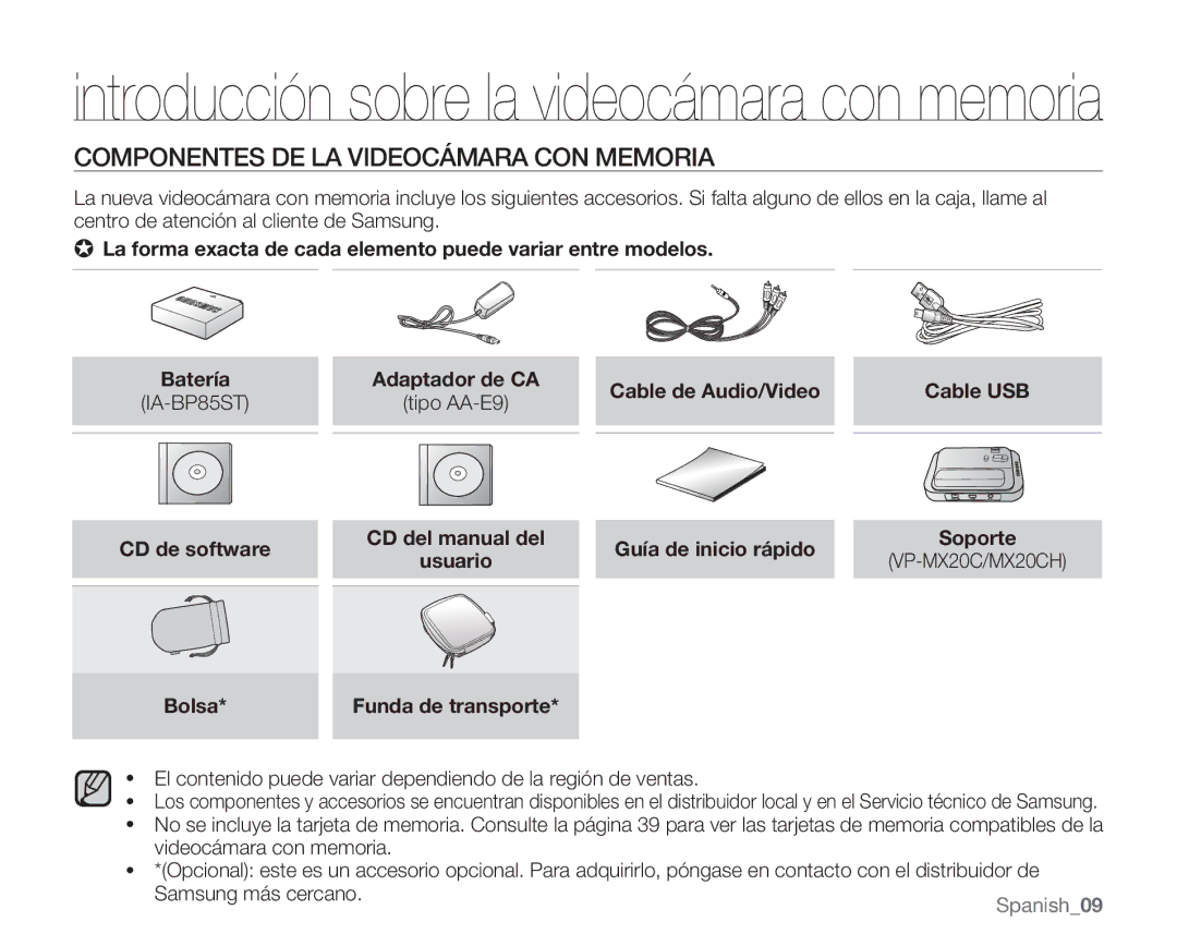 Samsung VP-MX20/EDC Componentes DE LA Videocámara CON Memoria, Cable USB, CD de software, Guía de inicio rápido, Bolsa 