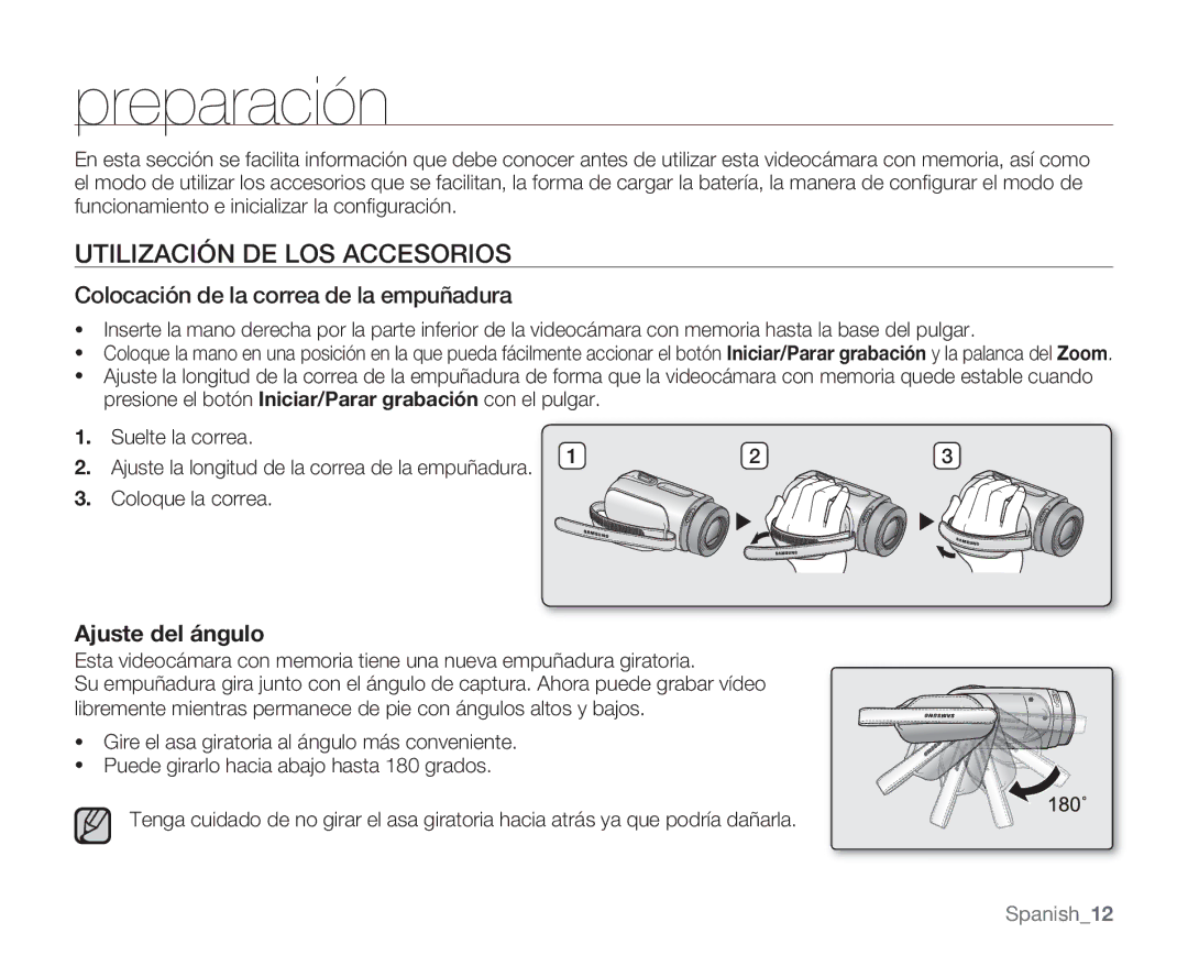 Samsung VP-MX20L/EDC, VP-MX20R/EDC Preparación, Utilización DE LOS Accesorios, Colocación de la correa de la empuñadura 