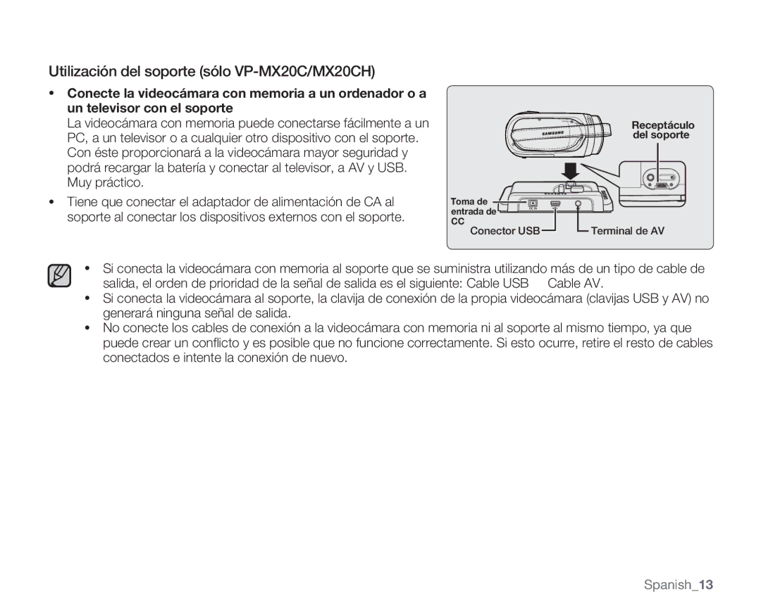 Samsung VP-MX20H/EDC, VP-MX20R/EDC, VP-MX20/EDC, VP-MX20C/EDC, VP-MX20CH/EDC Utilización del soporte sólo VP-MX20C/MX20CH 