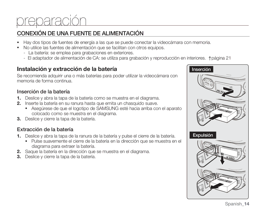 Samsung VP-MX20R/CAN manual Conexión DE UNA Fuente DE Alimentación, Inserción de la batería, Extracción de la batería 