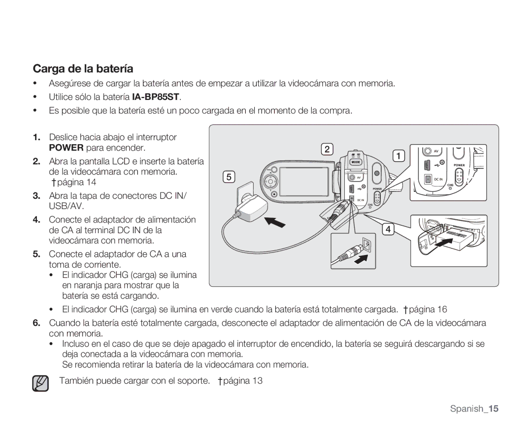 Samsung VP-MX20R/EDC, VP-MX20/EDC, VP-MX20C/EDC, VP-MX20CH/EDC, VP-MX20L/EDC, VP-MX20H/EDC, VP-MX20R/CAN Carga de la batería 