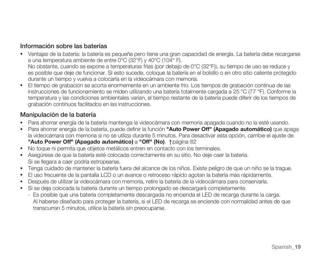 Samsung VP-MX20L/EDC, VP-MX20R/EDC, VP-MX20/EDC, VP-MX20C/EDC Información sobre las baterías, Manipulación de la batería 