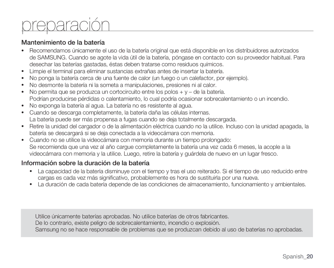 Samsung VP-MX20H/EDC, VP-MX20R/EDC, VP-MX20/EDC Mantenimiento de la batería, Información sobre la duración de la batería 